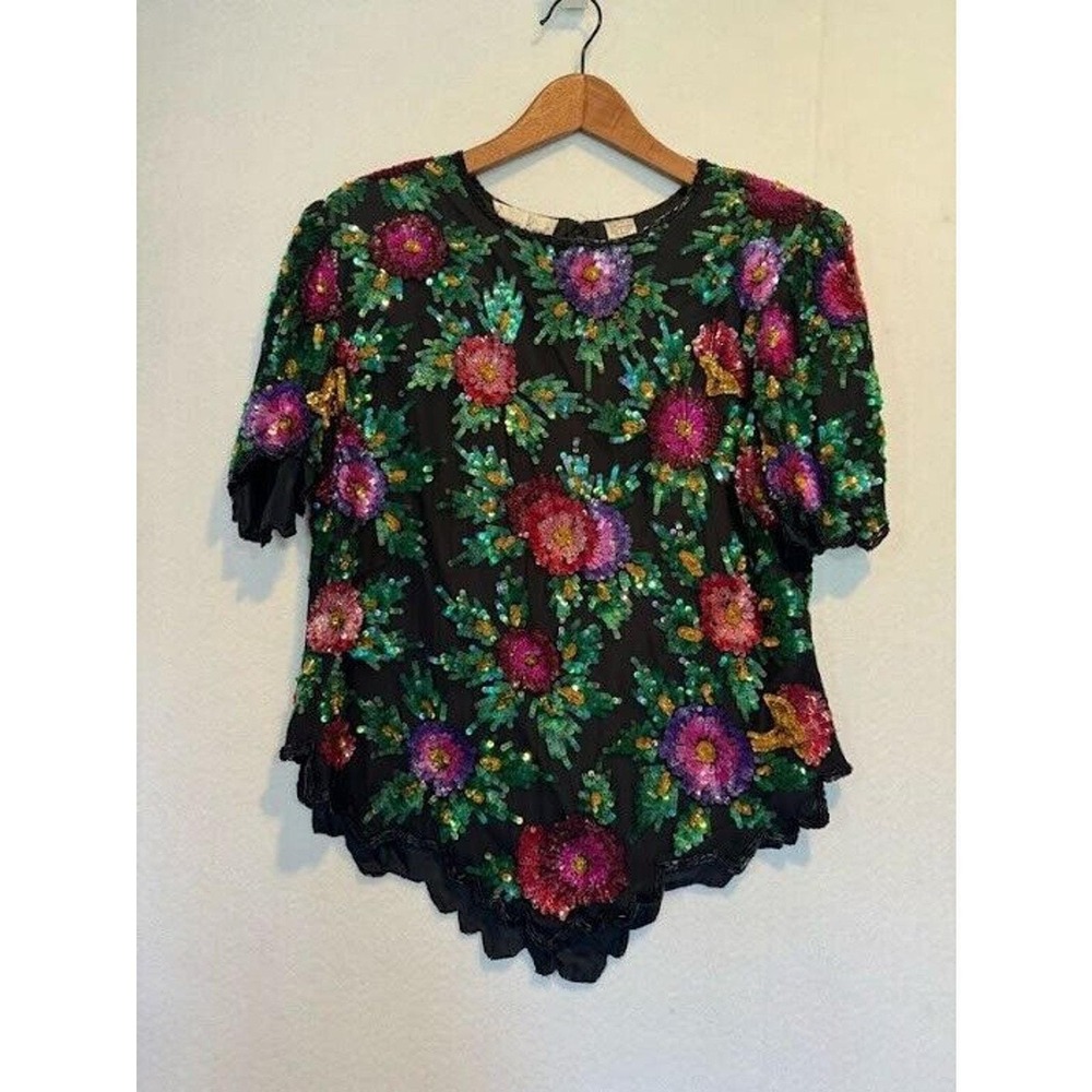 Laurence Kazar Beaded Top Womens‎ Size PM Silk Floral Vintage Zip Up - Picture 13 of 15
